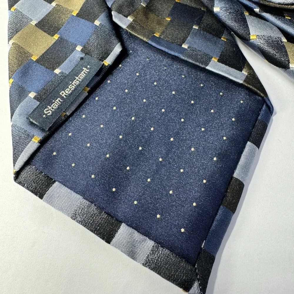 Dockers‎ Mens Necktie Blue Gold Gray Geometric Block Checkered Stain Resistant